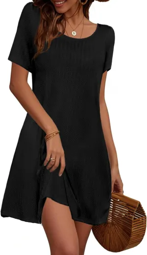 Anbech Women Causal Summer Dresses 2025 Loose Short Sleeve Mini Dress Lightweight A Line Cover Up with Pockets
