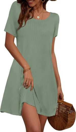 Anbech Women Causal Summer Dresses 2025 Loose Short Sleeve Mini Dress Lightweight A Line Cover Up with Pockets
