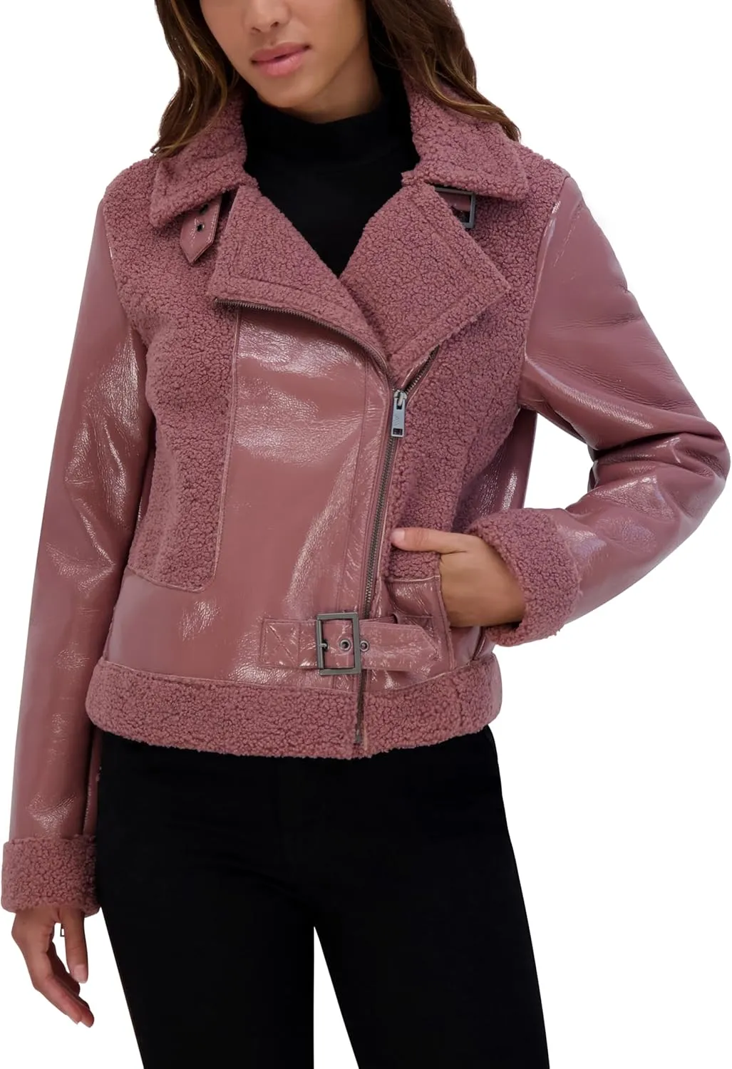 Andrew Marc Women's Moto Faux Patent Leather Jacket