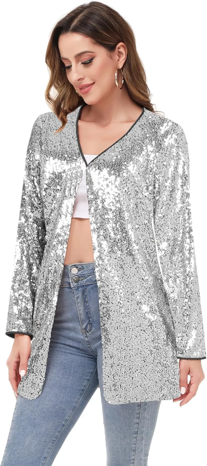 Anna-Kaci Women's Open Front Sequin Coat Las Vegas Blazer Party Club Cocktail Jacket Outerwear