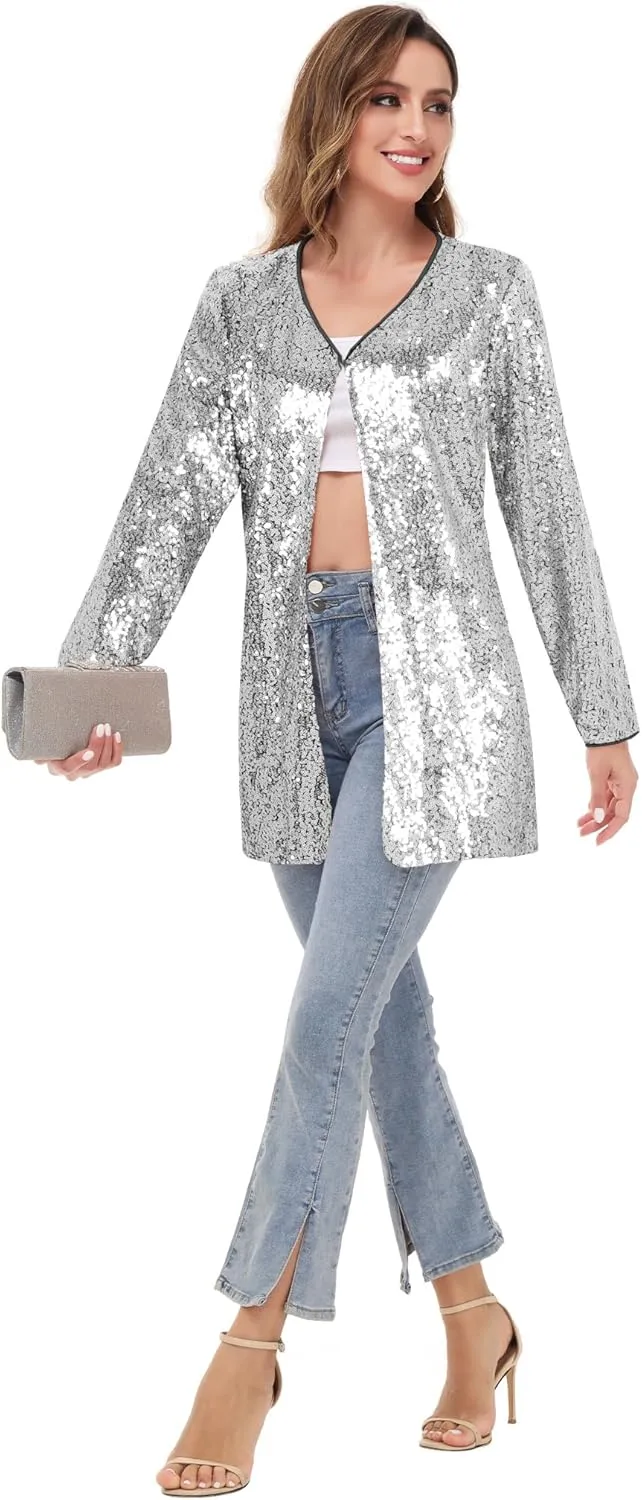 Anna-Kaci Women's Open Front Sequin Coat Las Vegas Blazer Party Club Cocktail Jacket Outerwear