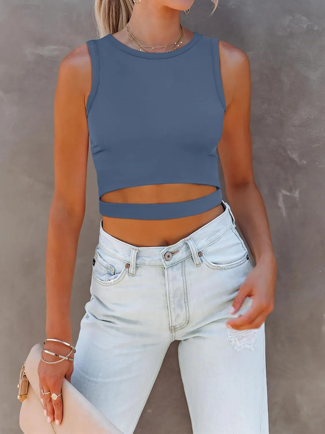 ANRABESS Women Tank Tops High Neck Sleeveless Sexy Cutout Racer Back Going Out Crop Tops Shirts Summer Y2K Outfits