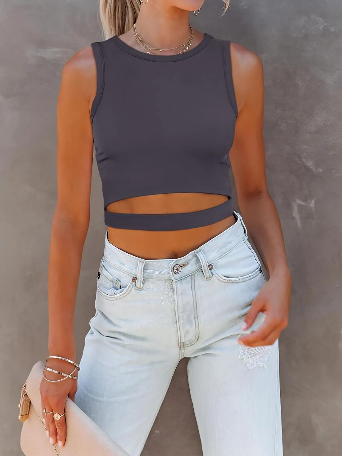 ANRABESS Women Tank Tops High Neck Sleeveless Sexy Cutout Racer Back Going Out Crop Tops Shirts Summer Y2K Outfits