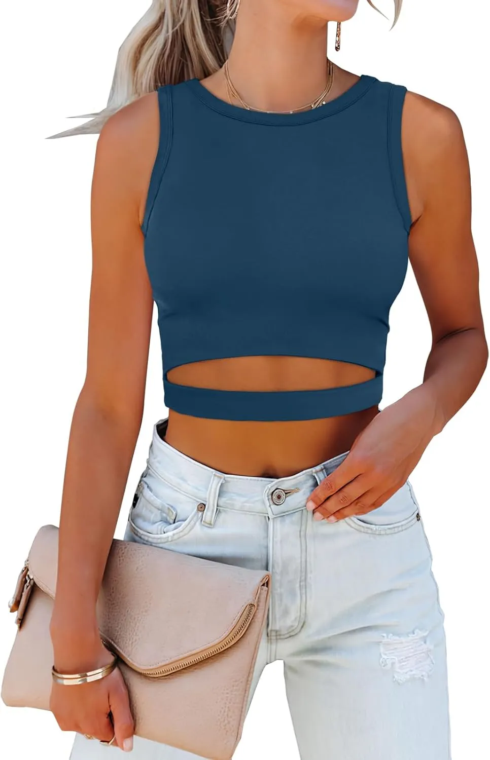 ANRABESS Women Tank Tops High Neck Sleeveless Sexy Cutout Racer Back Going Out Crop Tops Shirts Summer Y2K Outfits