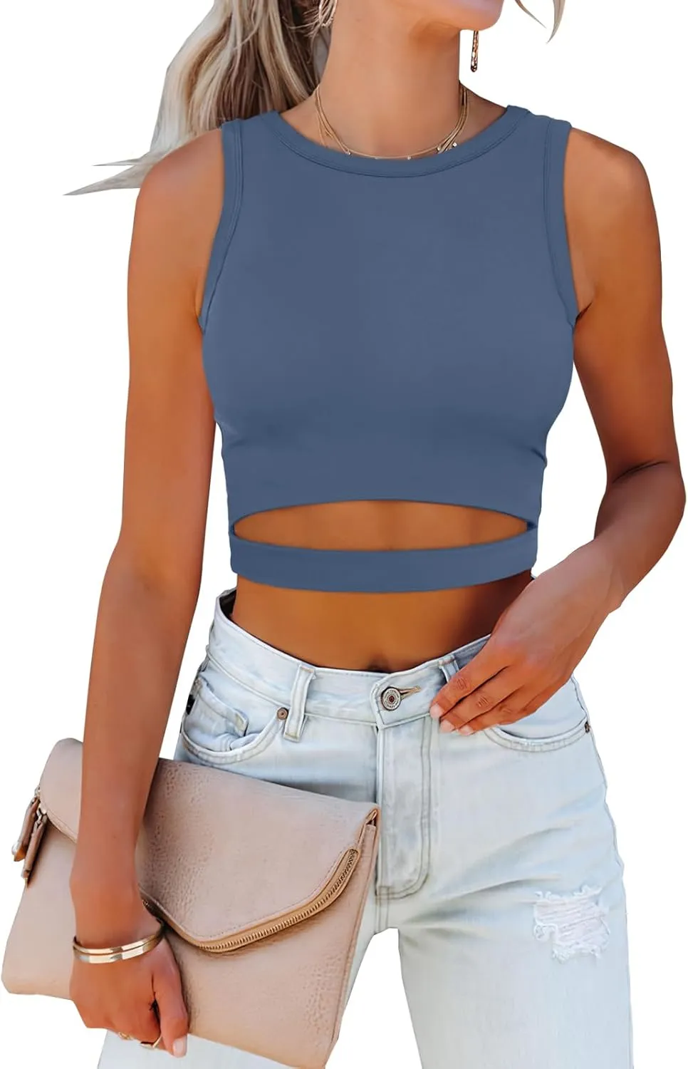 ANRABESS Women Tank Tops High Neck Sleeveless Sexy Cutout Racer Back Going Out Crop Tops Shirts Summer Y2K Outfits