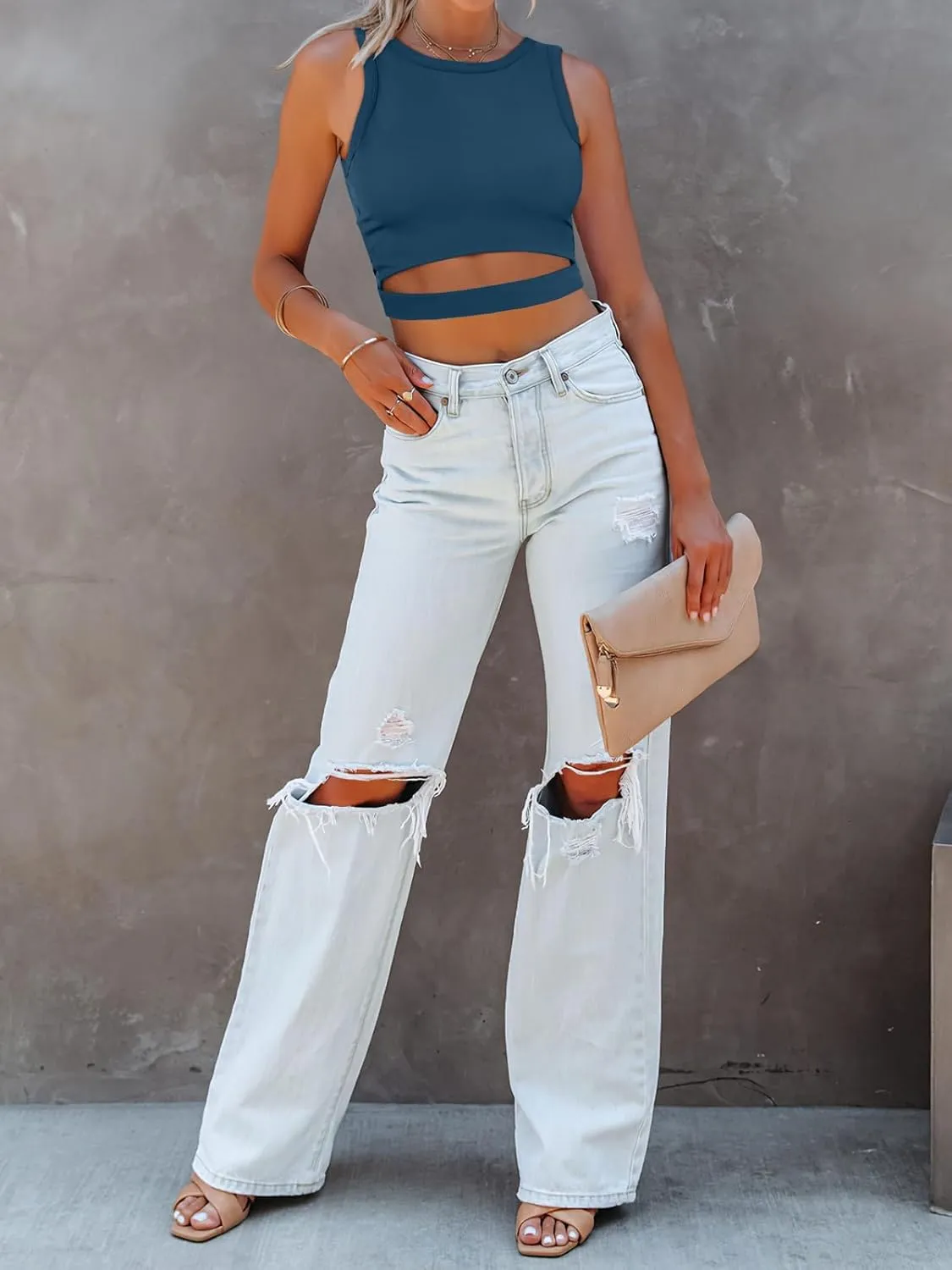 ANRABESS Women Tank Tops High Neck Sleeveless Sexy Cutout Racer Back Going Out Crop Tops Shirts Summer Y2K Outfits