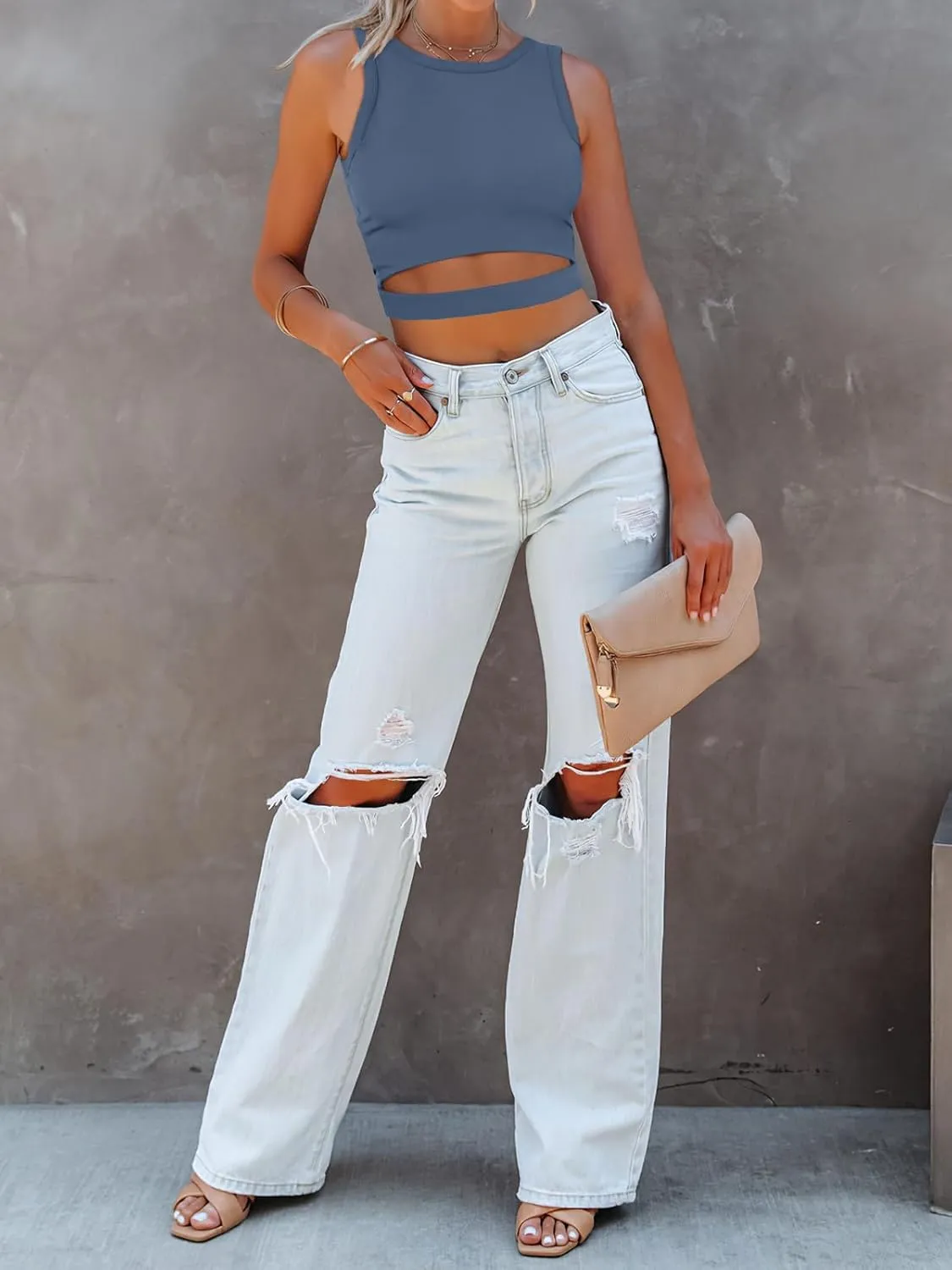 ANRABESS Women Tank Tops High Neck Sleeveless Sexy Cutout Racer Back Going Out Crop Tops Shirts Summer Y2K Outfits