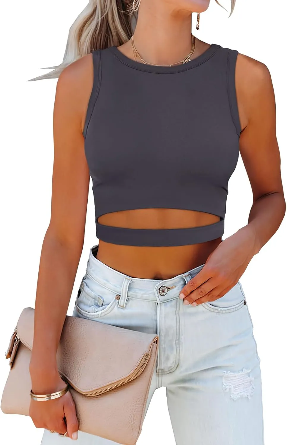 ANRABESS Women Tank Tops High Neck Sleeveless Sexy Cutout Racer Back Going Out Crop Tops Shirts Summer Y2K Outfits