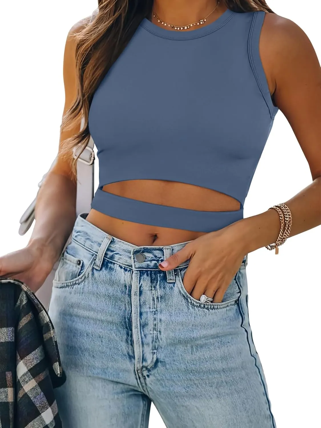 ANRABESS Women Tank Tops High Neck Sleeveless Sexy Cutout Racer Back Going Out Crop Tops Shirts Summer Y2K Outfits