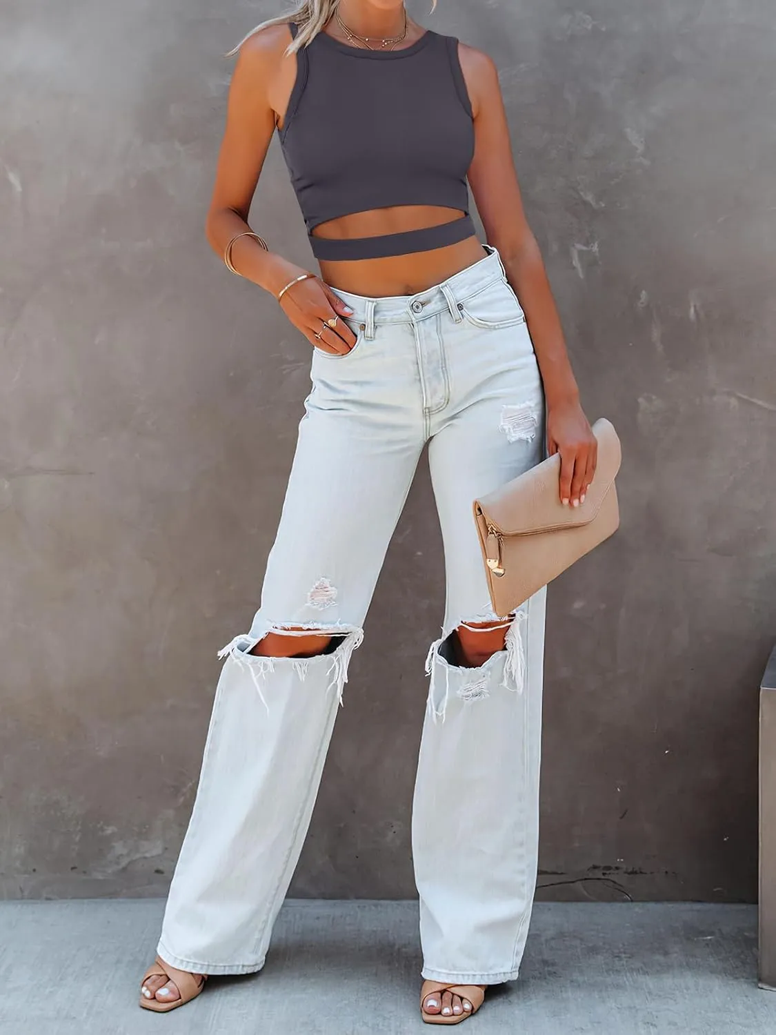 ANRABESS Women Tank Tops High Neck Sleeveless Sexy Cutout Racer Back Going Out Crop Tops Shirts Summer Y2K Outfits