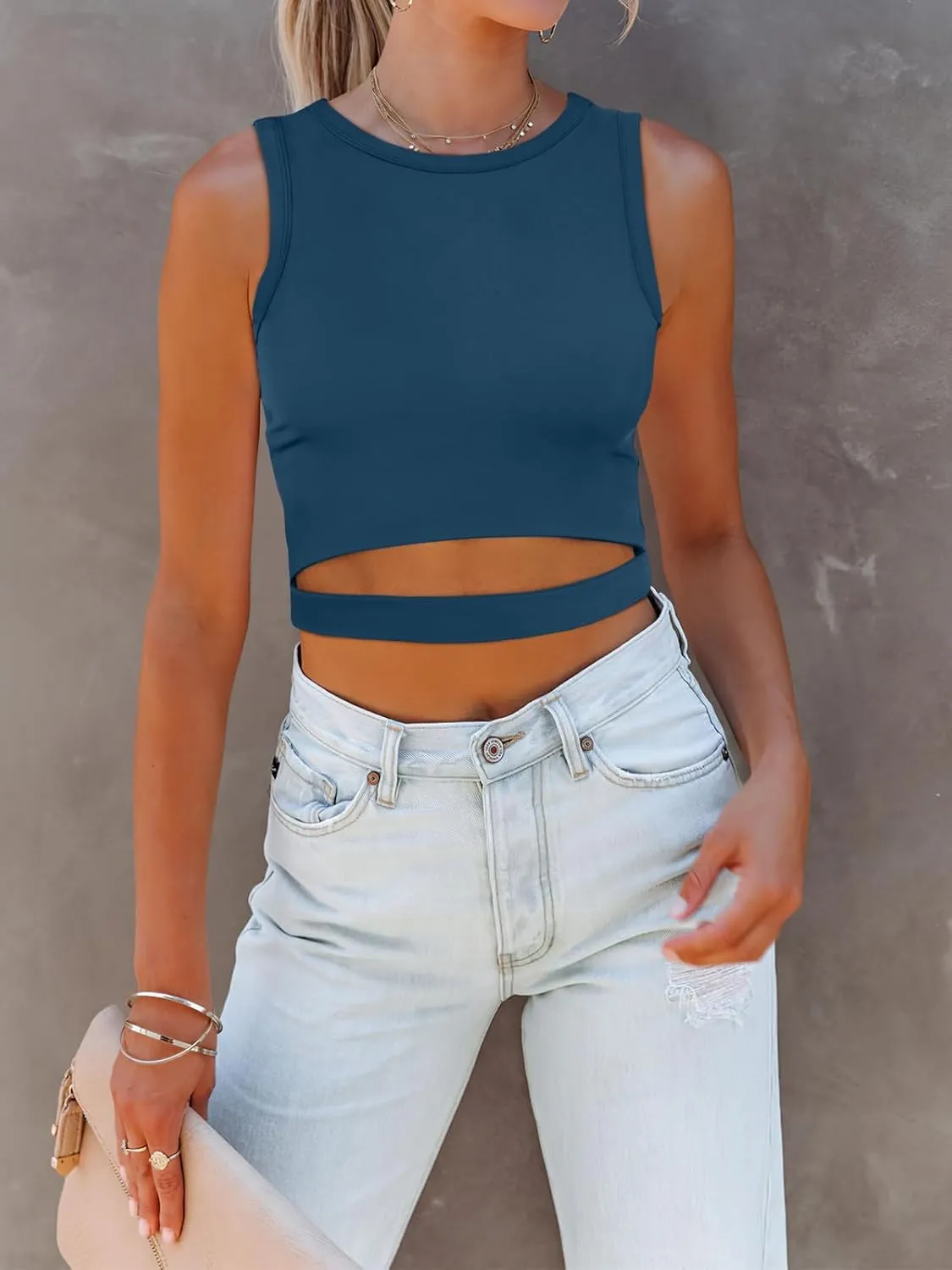 ANRABESS Women Tank Tops High Neck Sleeveless Sexy Cutout Racer Back Going Out Crop Tops Shirts Summer Y2K Outfits