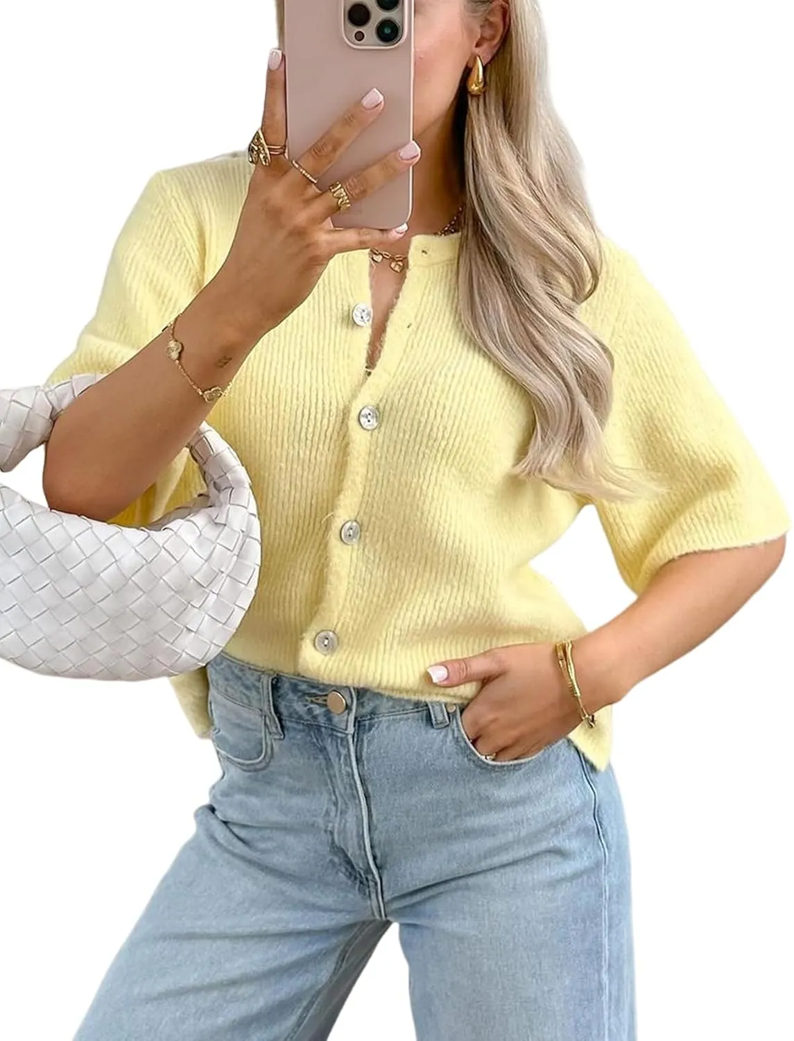 Arssm Women's Knitted Crop Cardigan Y2k Short Sleeve Button Down Cardigan Shirt Ribbed Knit Solid Color Lightweight Outwear