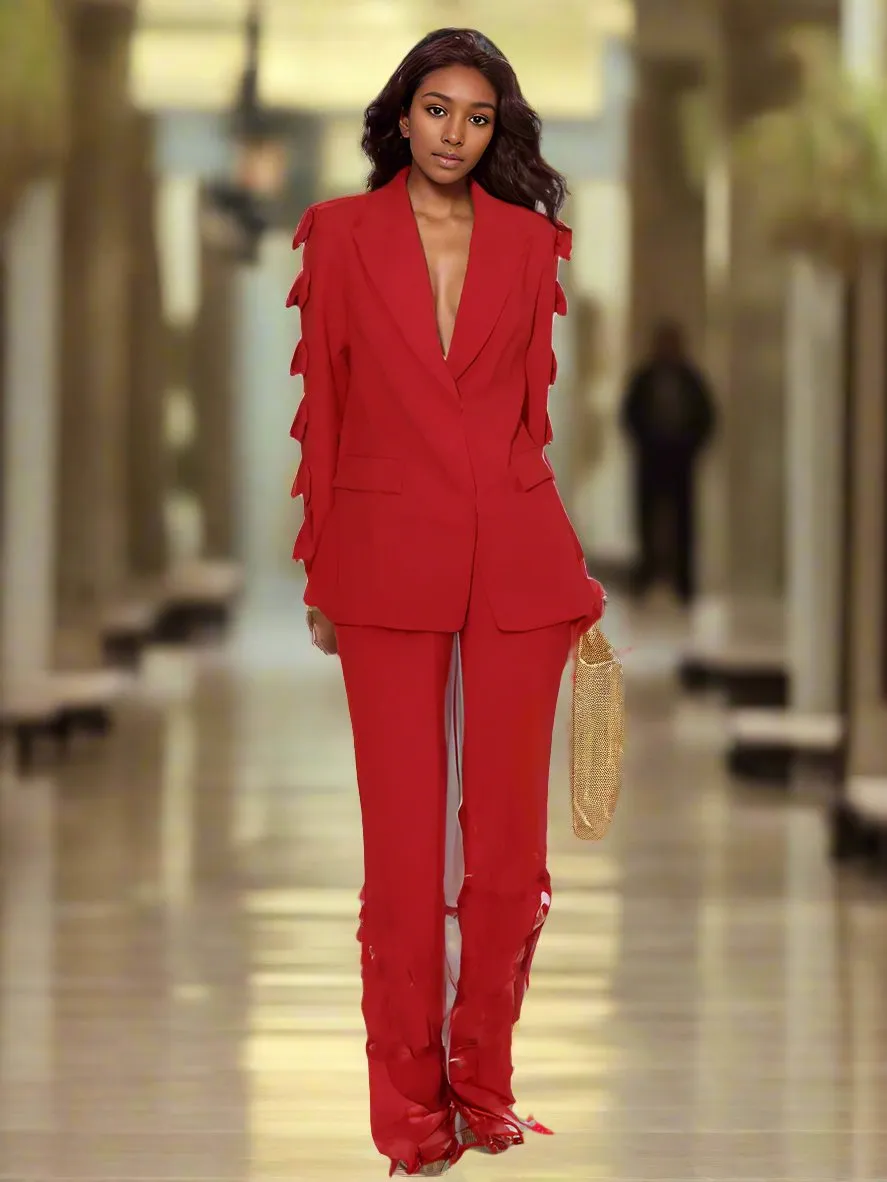Ashore Shop Women’s Modern Two-Piece Red Suit Set with 3D Flower