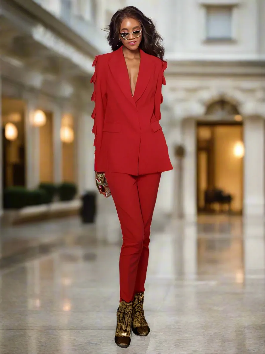 Ashore Shop Women’s Modern Two-Piece Red Suit Set with 3D Flower