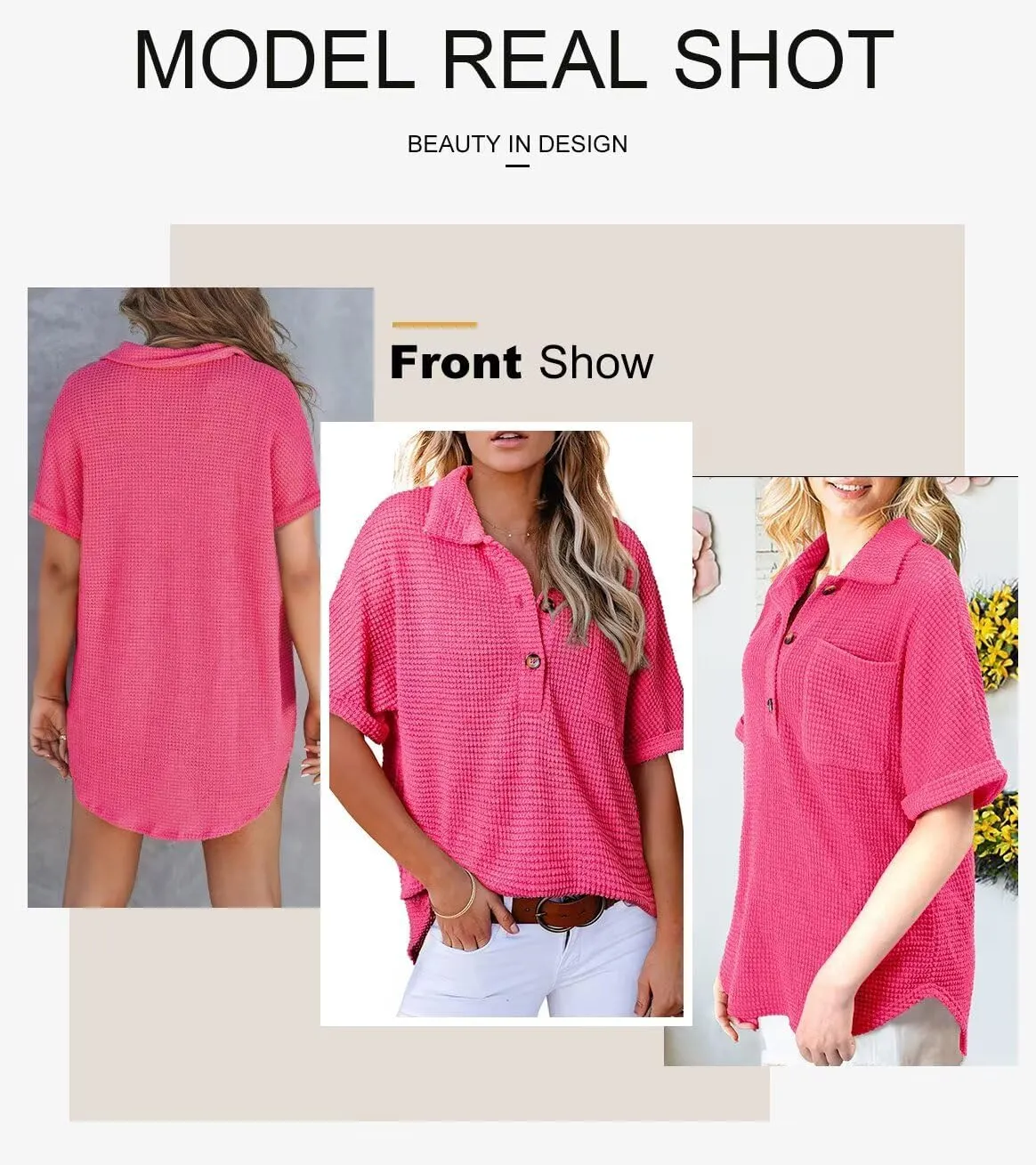 Astylish Women Waffle Knit Tops Henley Shirts Short Sleeve V Neck Solid Color Casual Tunic