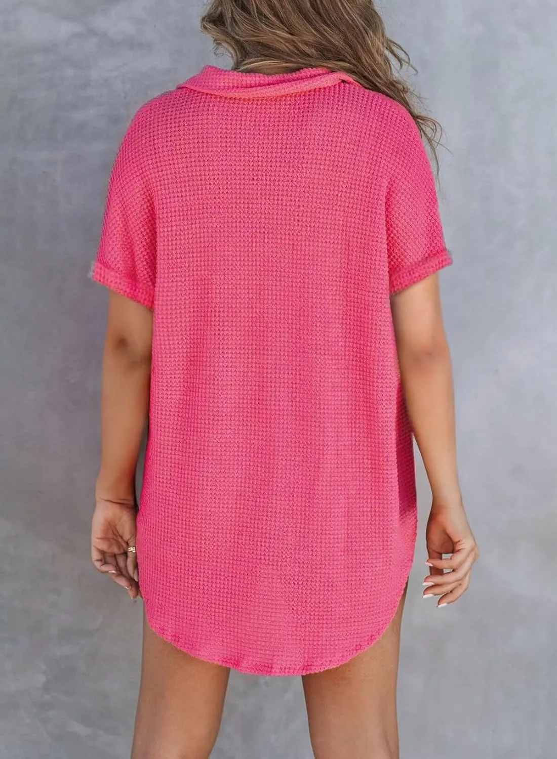 Astylish Women Waffle Knit Tops Henley Shirts Short Sleeve V Neck Solid Color Casual Tunic