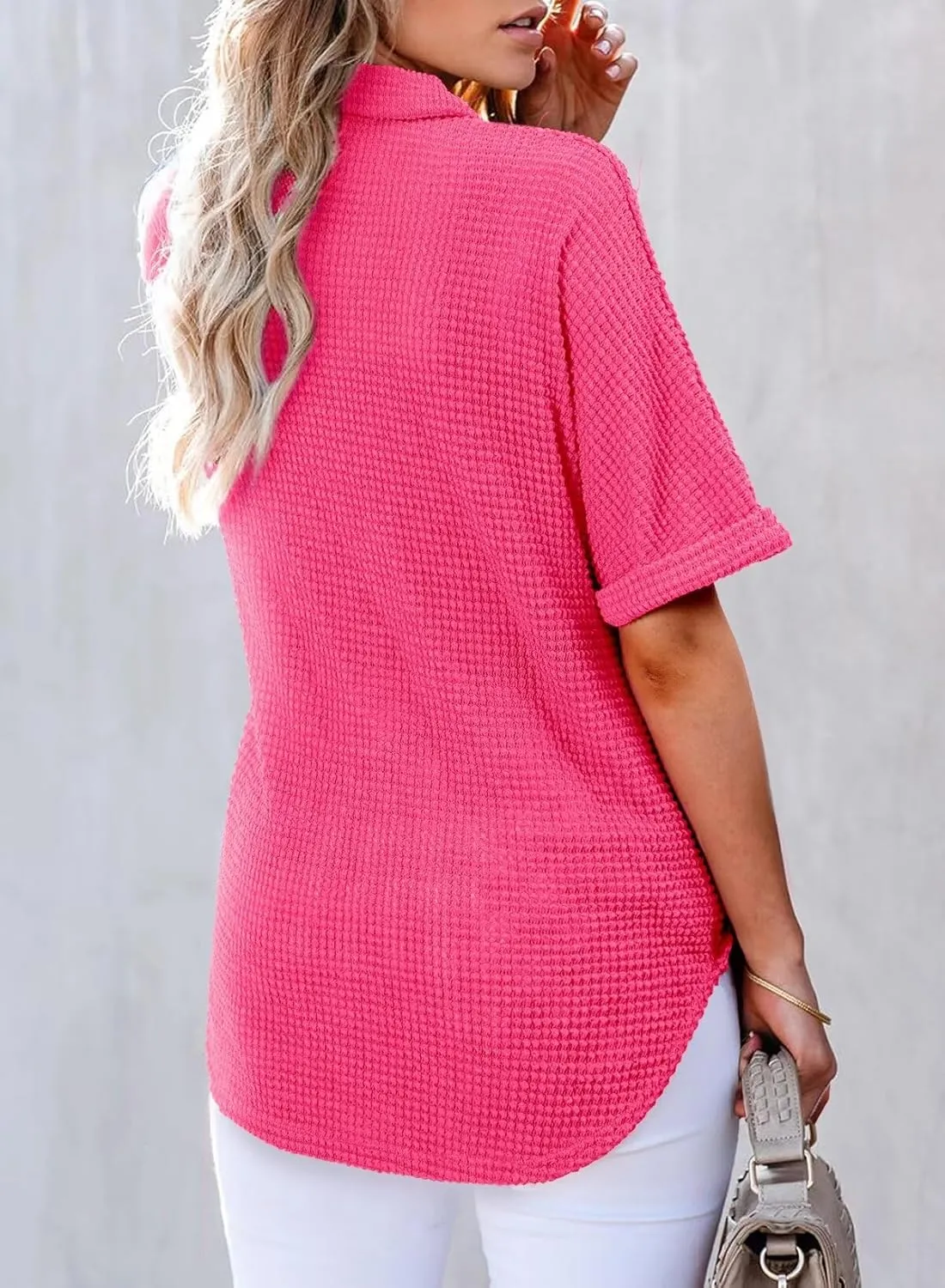 Astylish Women Waffle Knit Tops Henley Shirts Short Sleeve V Neck Solid Color Casual Tunic