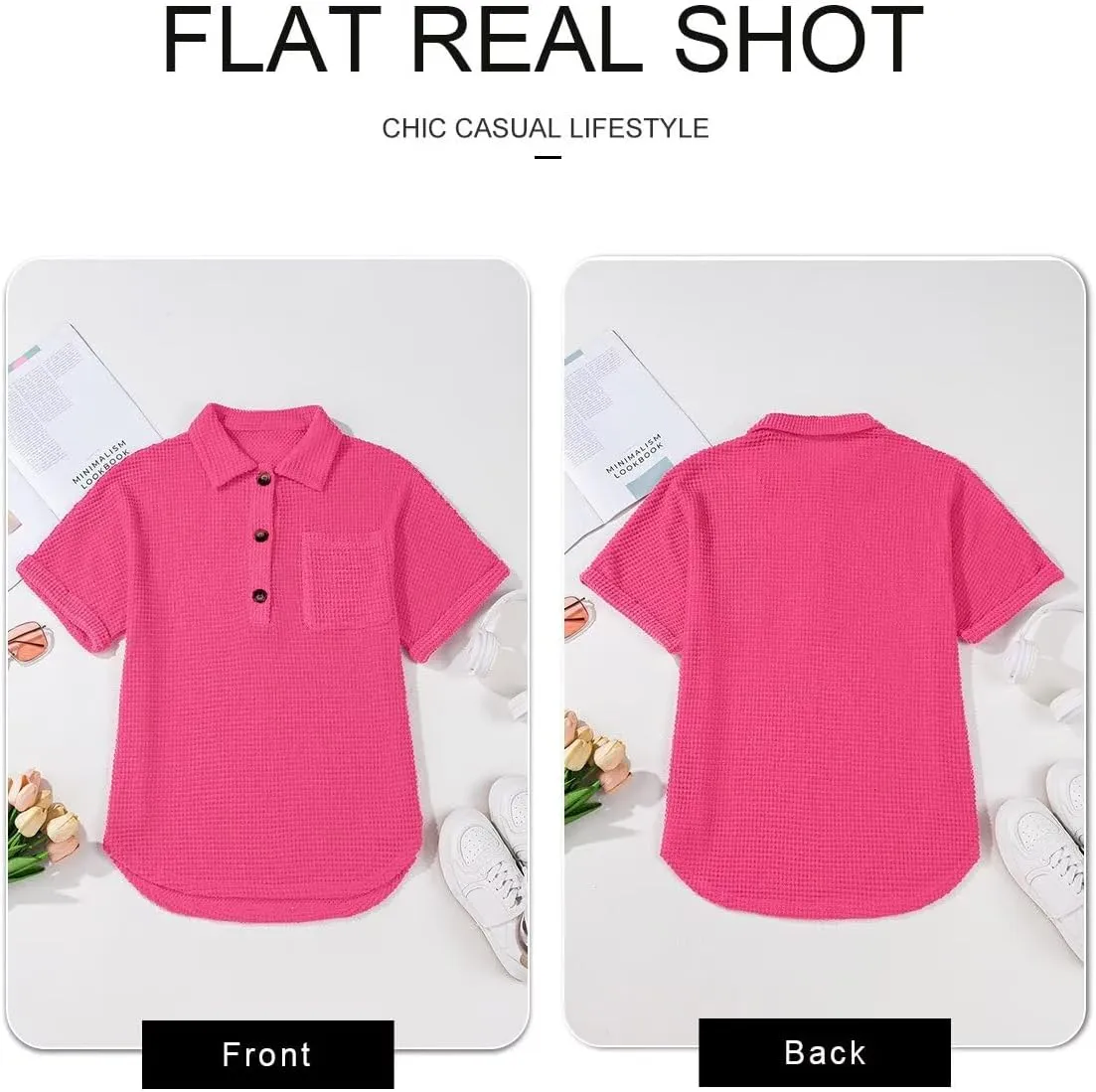 Astylish Women Waffle Knit Tops Henley Shirts Short Sleeve V Neck Solid Color Casual Tunic