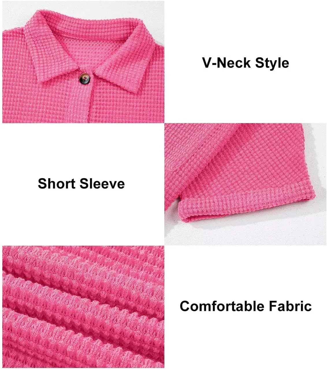 Astylish Women Waffle Knit Tops Henley Shirts Short Sleeve V Neck Solid Color Casual Tunic