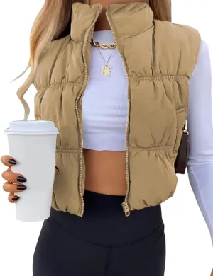 Athlisan Womens Cropped Puffer Vest Zip Up Stand Collar Lightweight Sleeveless Padded Gilet with Pockets