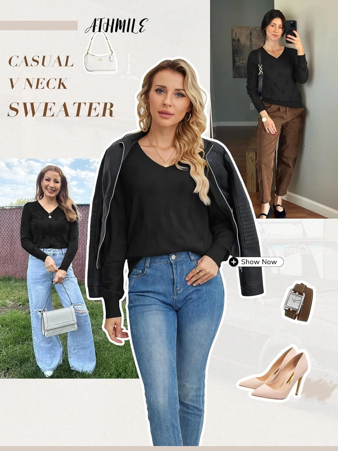 ATHMILE Women's Fall Tops 2025 Fashion Trendy Pullover Sweater V Neck Long Sleeve Shirt Knit Blouse Clothes Outfits