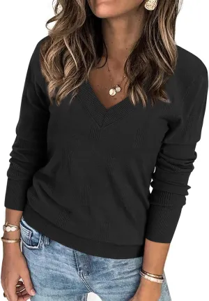 ATHMILE Women's Fall Tops 2025 Fashion Trendy Pullover Sweater V Neck Long Sleeve Shirt Knit Blouse Clothes Outfits