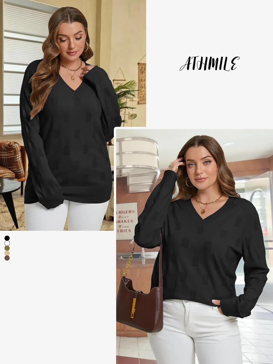 ATHMILE Women's Fall Tops 2025 Fashion Trendy Pullover Sweater V Neck Long Sleeve Shirt Knit Blouse Clothes Outfits