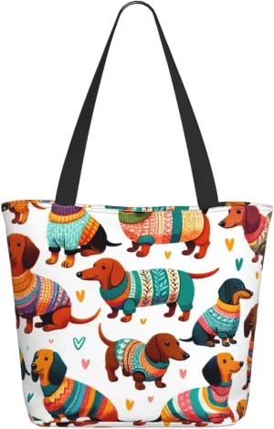 Augenstern Women Shoulder Bag Colorful-Dachshunds-In-Sweaters Foldable Tote Bag With Zipper Closure Casual Shopping Purse Daily Bag