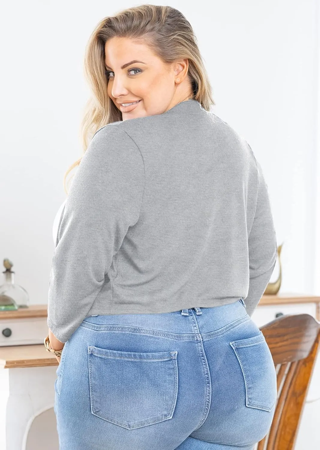 AusLook Women's Plus Size Shrug 3/4 Sleeve Lightweight Open Front Knit Cropped Bolero Cardigan Sweater 1X-5X