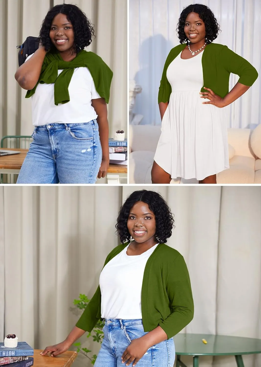 AusLook Women's Plus Size Shrug 3/4 Sleeve Lightweight Open Front Knit Cropped Bolero Cardigan Sweater 1X-5X
