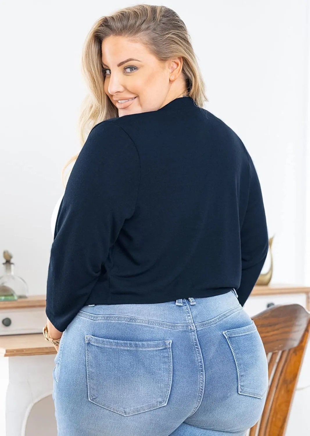 AusLook Women's Plus Size Shrug 3/4 Sleeve Lightweight Open Front Knit Cropped Bolero Cardigan Sweater 1X-5X