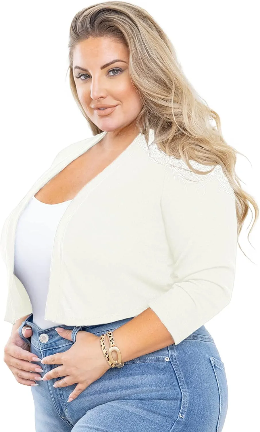 AusLook Women's Plus Size Shrug 3/4 Sleeve Lightweight Open Front Knit Cropped Bolero Cardigan Sweater 1X-5X