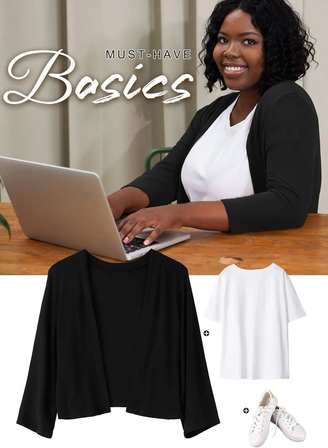 AusLook Women's Plus Size Shrug 3/4 Sleeve Lightweight Open Front Knit Cropped Bolero Cardigan Sweater 1X-5X
