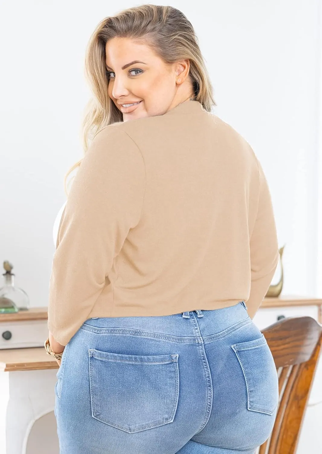 AusLook Women's Plus Size Shrug 3/4 Sleeve Lightweight Open Front Knit Cropped Bolero Cardigan Sweater 1X-5X