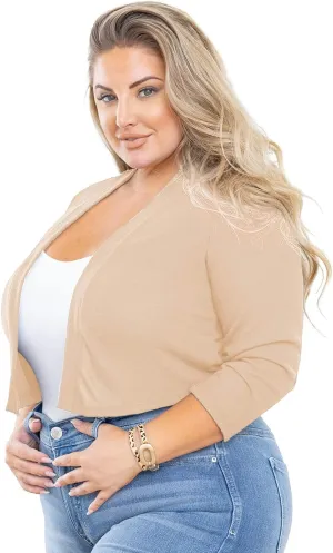 AusLook Women's Plus Size Shrug 3/4 Sleeve Lightweight Open Front Knit Cropped Bolero Cardigan Sweater 1X-5X