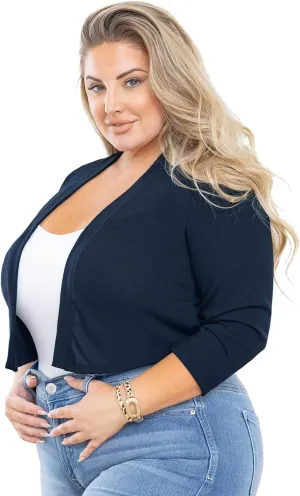 AusLook Women's Plus Size Shrug 3/4 Sleeve Lightweight Open Front Knit Cropped Bolero Cardigan Sweater 1X-5X