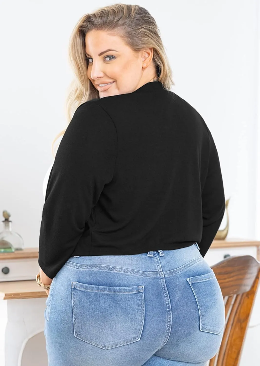 AusLook Women's Plus Size Shrug 3/4 Sleeve Lightweight Open Front Knit Cropped Bolero Cardigan Sweater 1X-5X