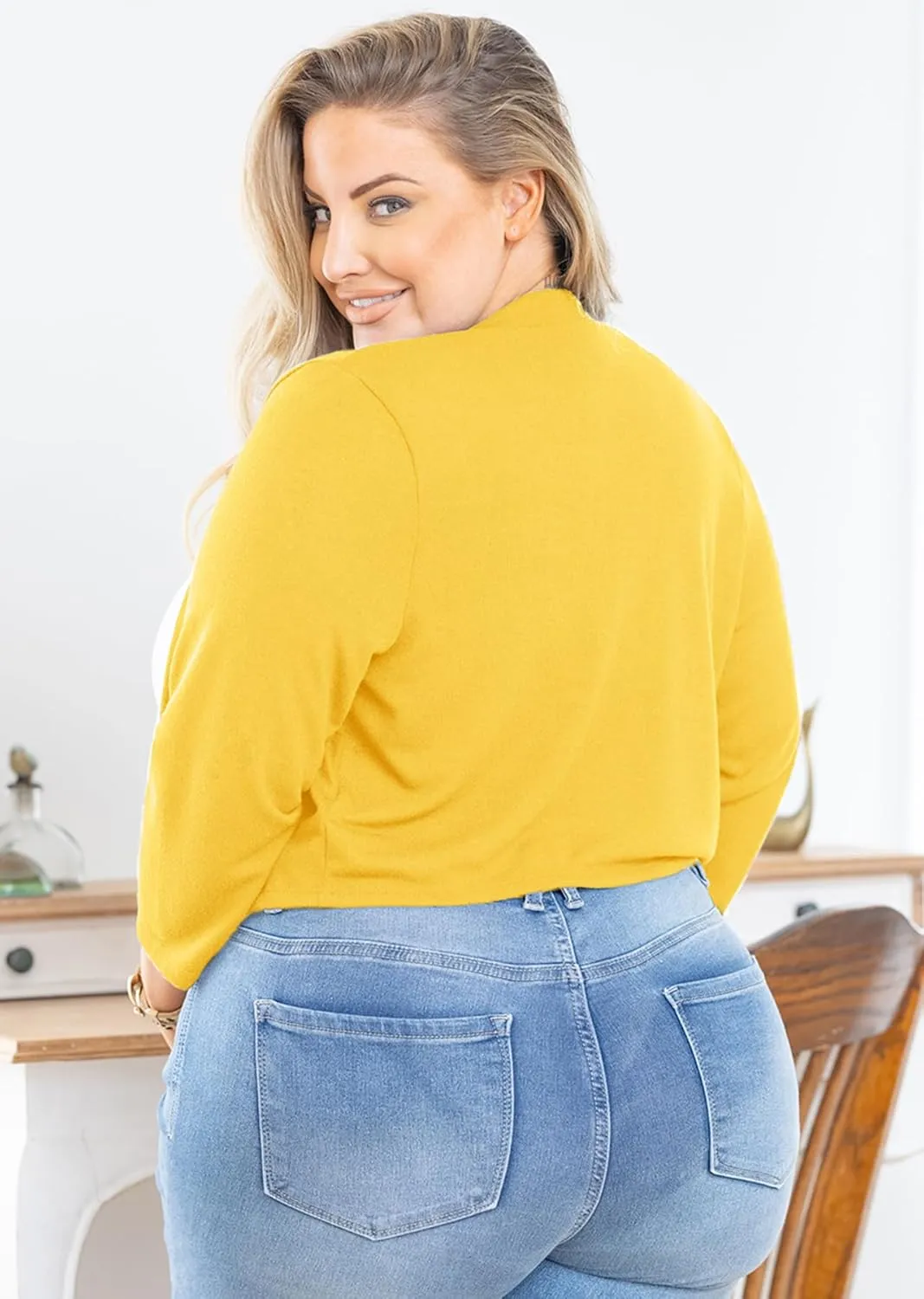 AusLook Women's Plus Size Shrug 3/4 Sleeve Lightweight Open Front Knit Cropped Bolero Cardigan Sweater 1X-5X