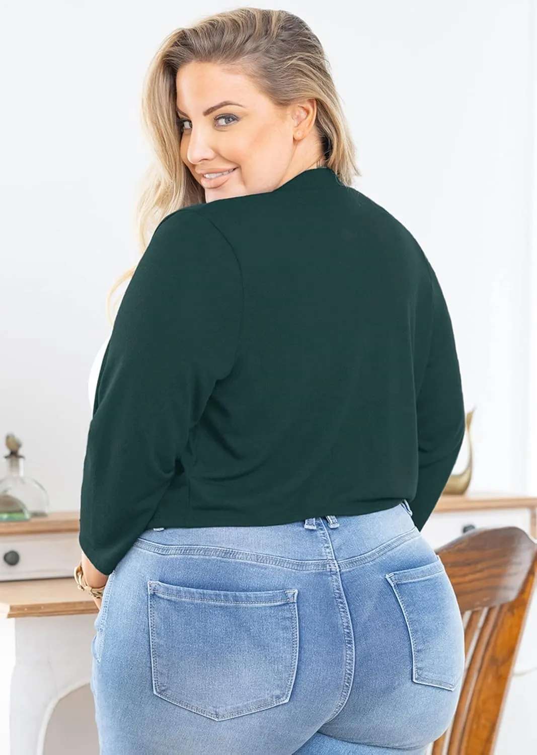 AusLook Women's Plus Size Shrug 3/4 Sleeve Lightweight Open Front Knit Cropped Bolero Cardigan Sweater 1X-5X