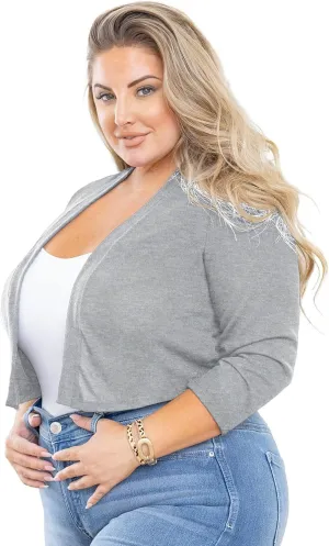 AusLook Women's Plus Size Shrug 3/4 Sleeve Lightweight Open Front Knit Cropped Bolero Cardigan Sweater 1X-5X