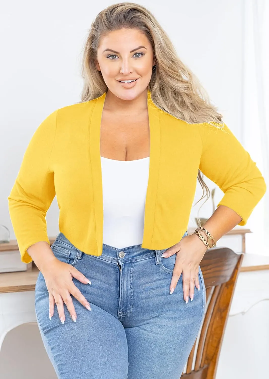 AusLook Women's Plus Size Shrug 3/4 Sleeve Lightweight Open Front Knit Cropped Bolero Cardigan Sweater 1X-5X