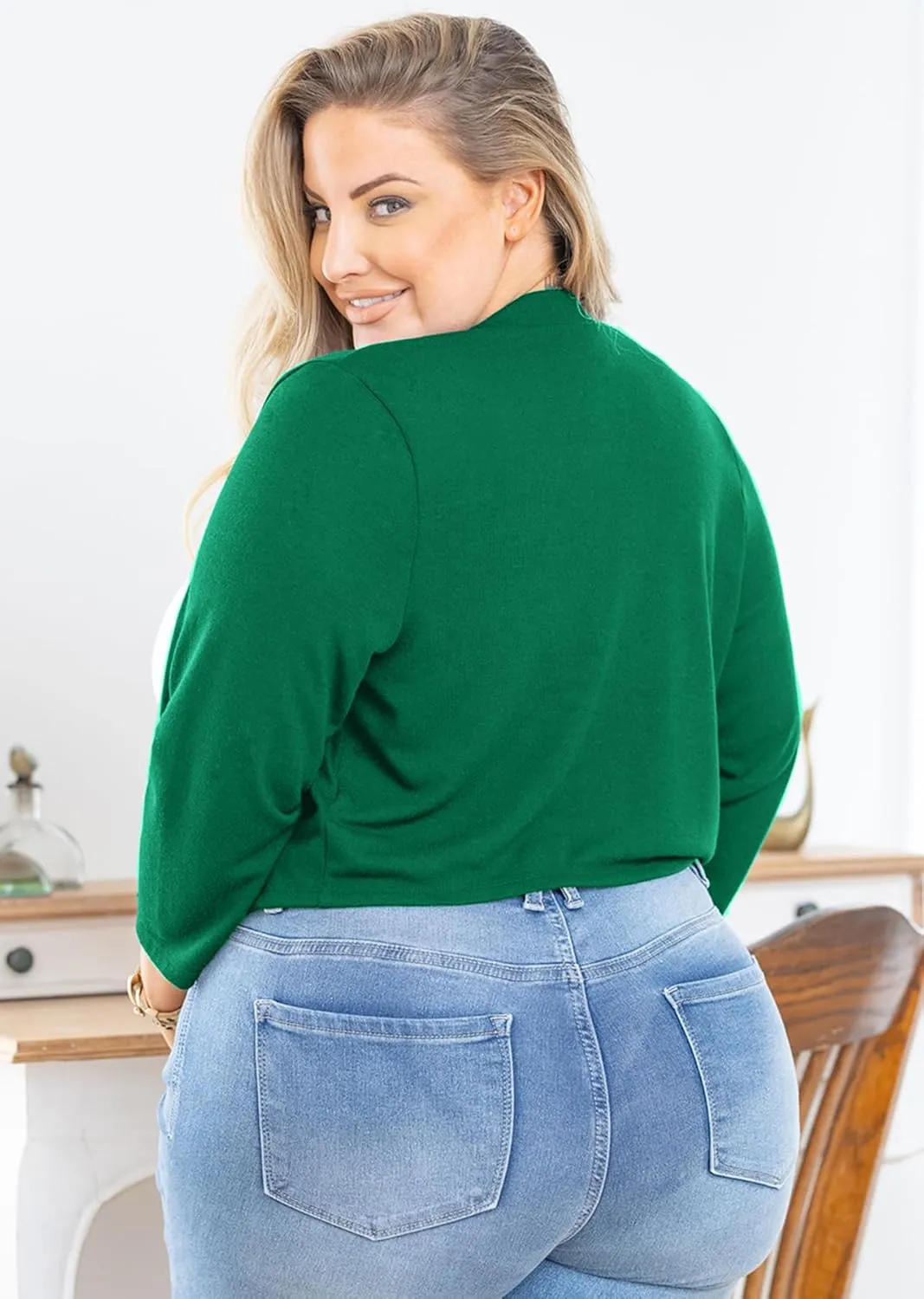 AusLook Women's Plus Size Shrug 3/4 Sleeve Lightweight Open Front Knit Cropped Bolero Cardigan Sweater 1X-5X