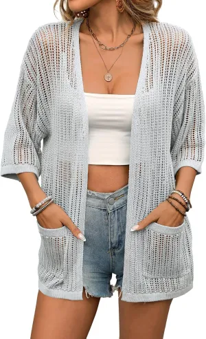 BB&KK Lightweight Summer Crochet Cardigan for Women 3/4 Sleeve Open Front Sheer Knit Boho Kimono Cardigans with Pockets
