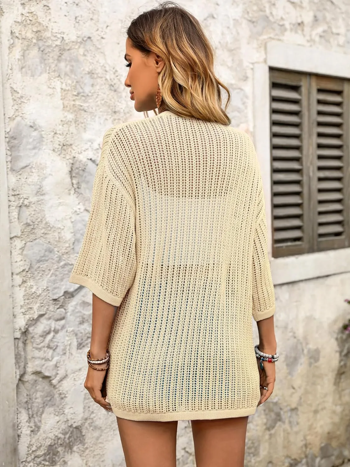 BB&KK Lightweight Summer Crochet Cardigan for Women 3/4 Sleeve Open Front Sheer Knit Boho Kimono Cardigans with Pockets