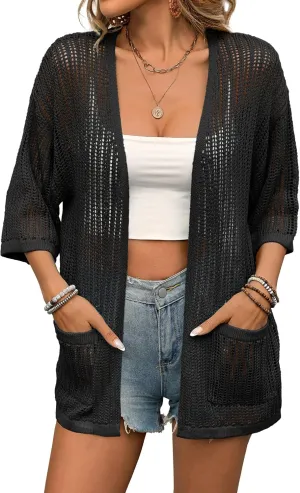 BB&KK Lightweight Summer Crochet Cardigan for Women 3/4 Sleeve Open Front Sheer Knit Boho Kimono Cardigans with Pockets