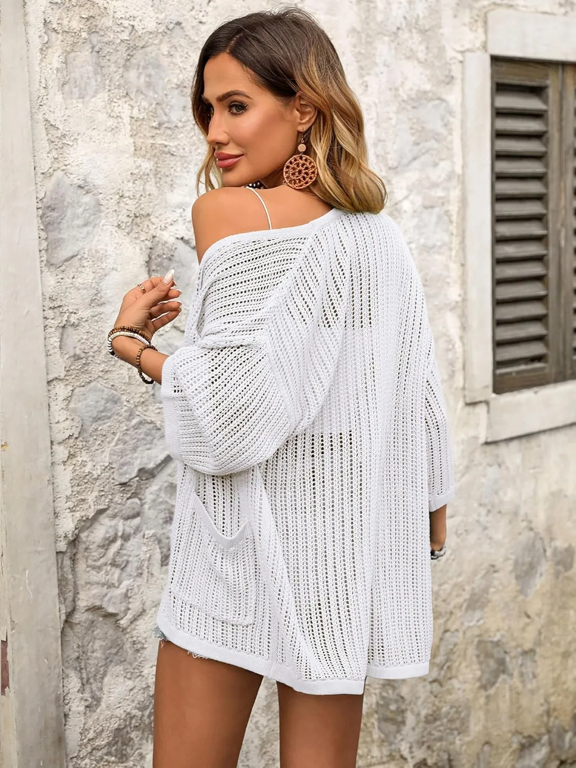 BB&KK Lightweight Summer Crochet Cardigan for Women 3/4 Sleeve Open Front Sheer Knit Boho Kimono Cardigans with Pockets