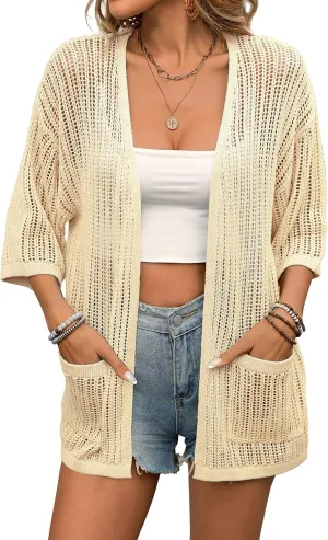 BB&KK Lightweight Summer Crochet Cardigan for Women 3/4 Sleeve Open Front Sheer Knit Boho Kimono Cardigans with Pockets