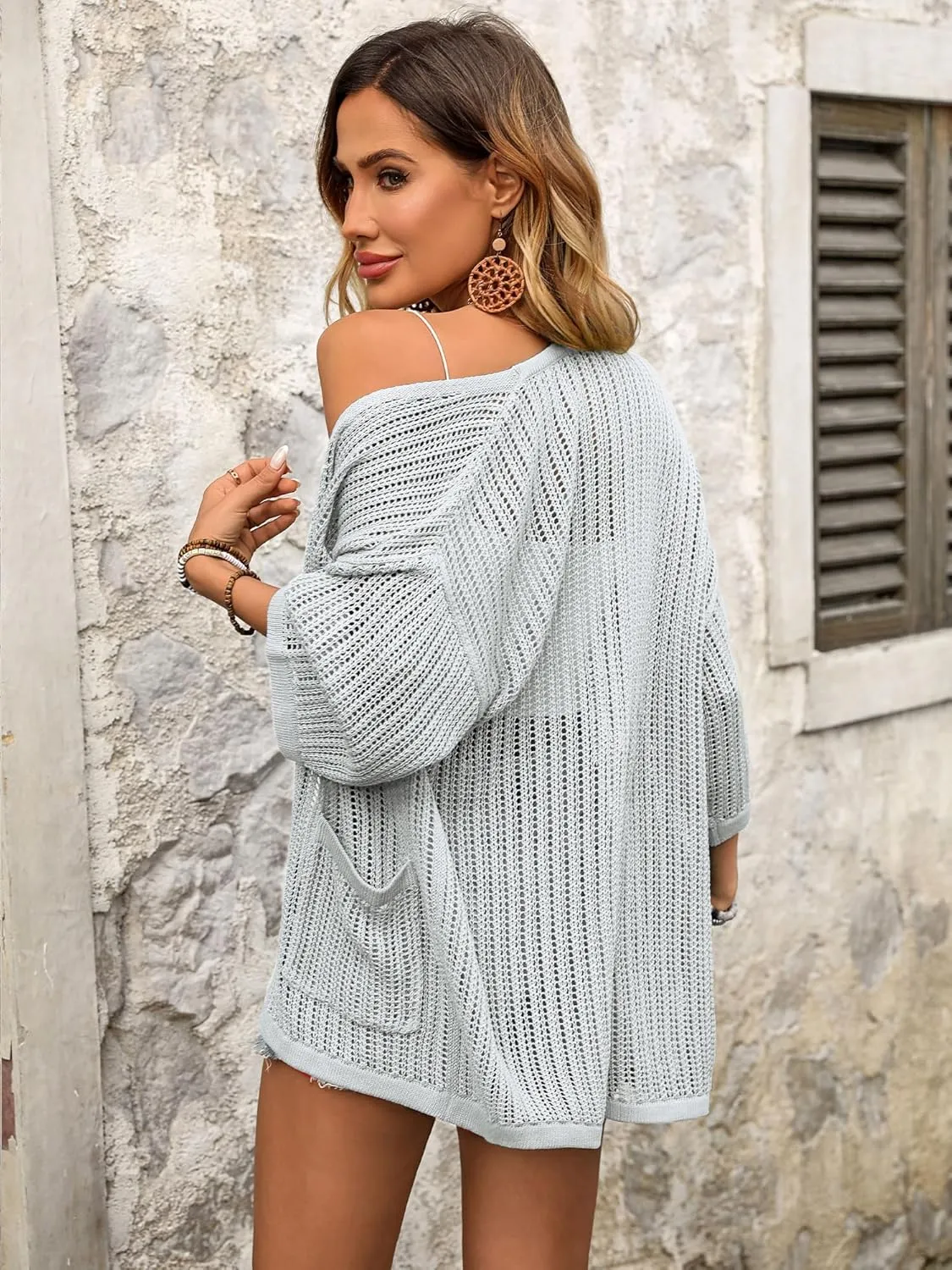 BB&KK Lightweight Summer Crochet Cardigan for Women 3/4 Sleeve Open Front Sheer Knit Boho Kimono Cardigans with Pockets
