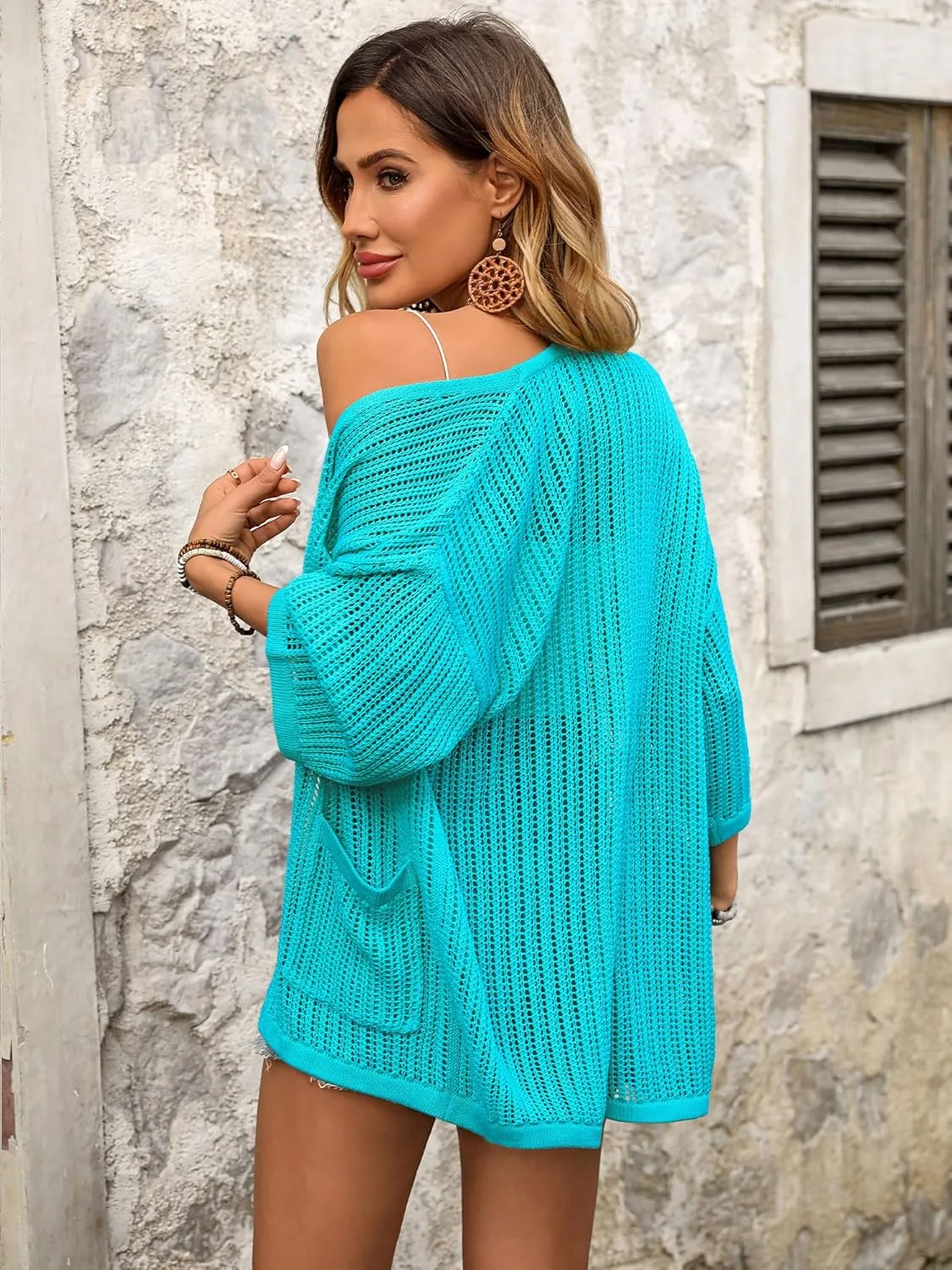 BB&KK Lightweight Summer Crochet Cardigan for Women 3/4 Sleeve Open Front Sheer Knit Boho Kimono Cardigans with Pockets