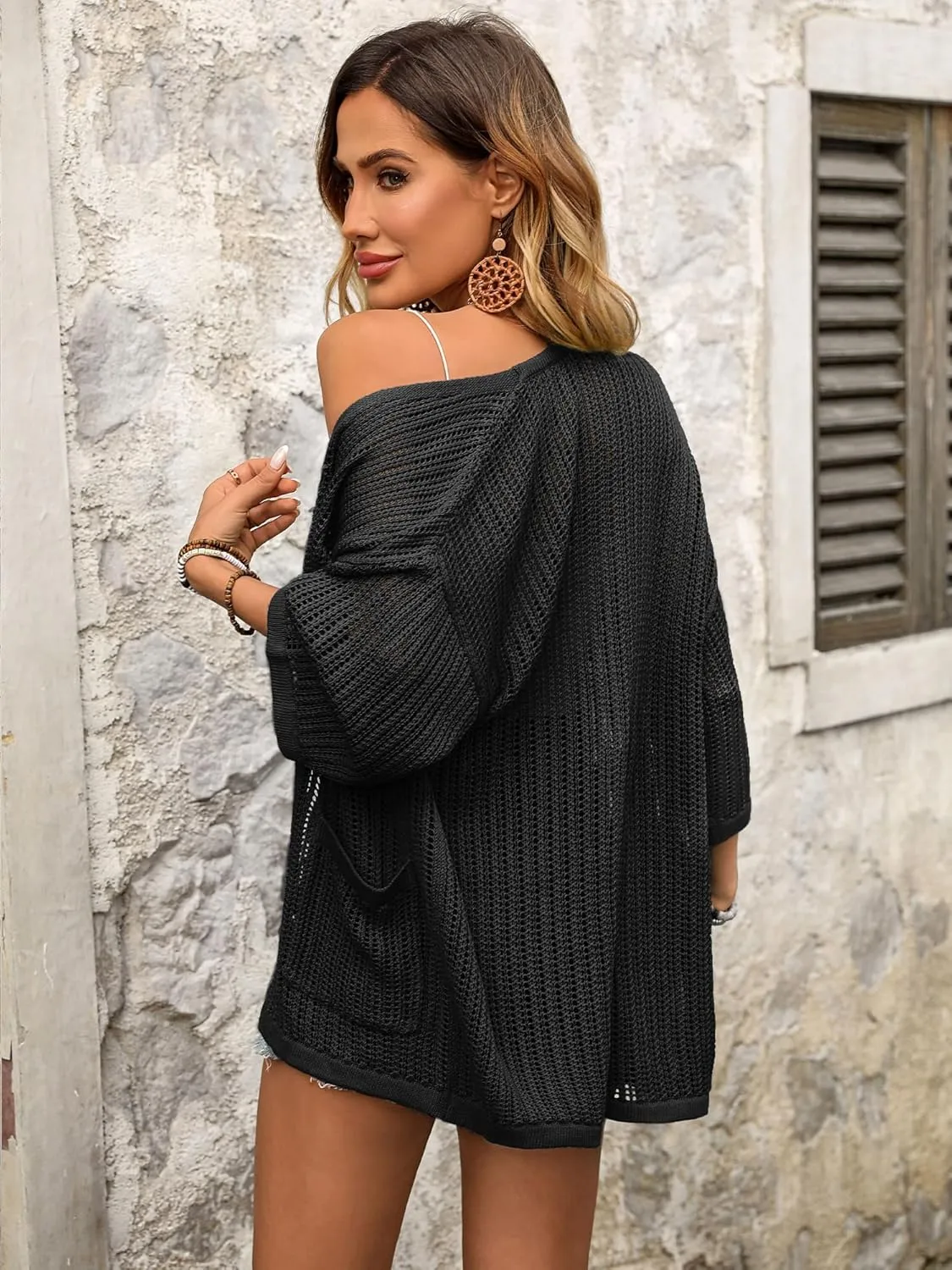 BB&KK Lightweight Summer Crochet Cardigan for Women 3/4 Sleeve Open Front Sheer Knit Boho Kimono Cardigans with Pockets